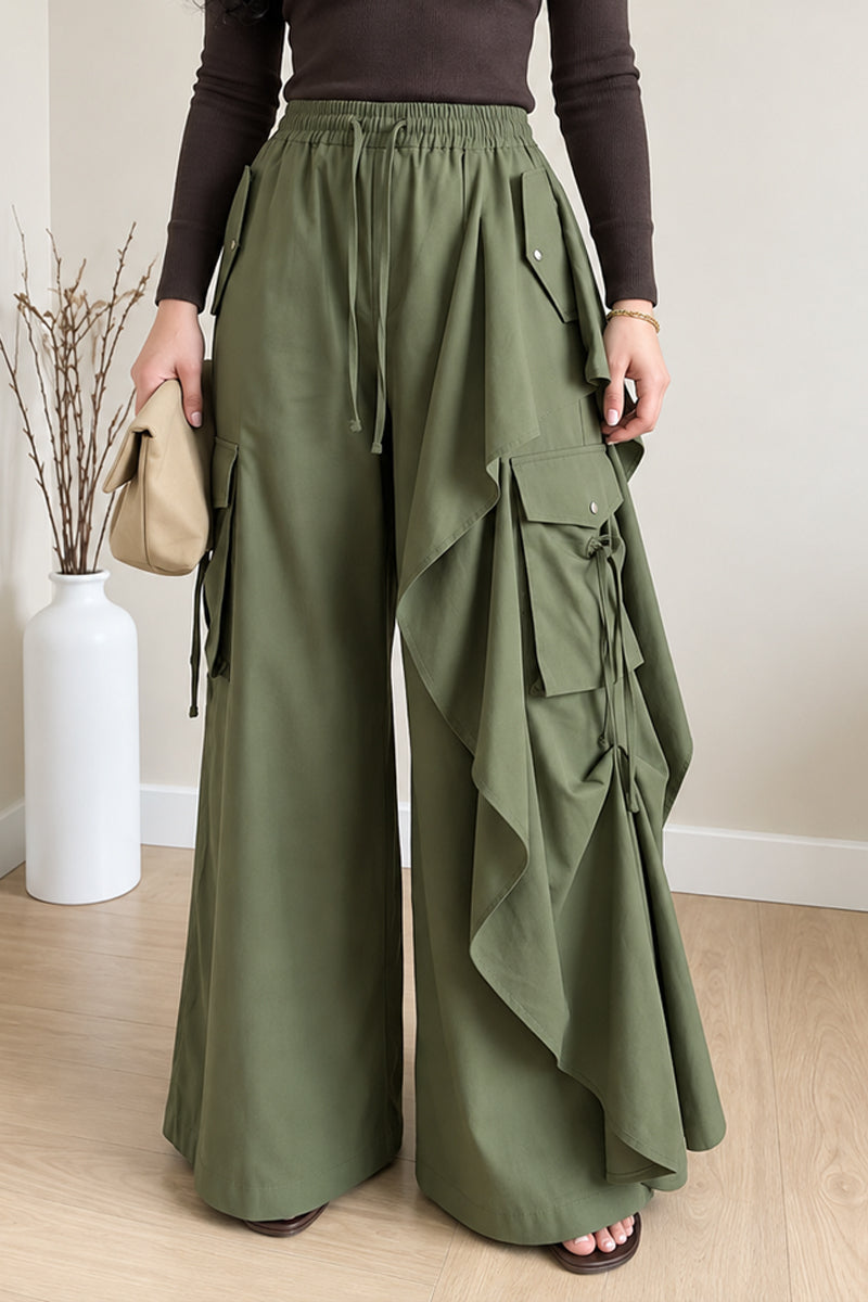 Women's High Waist Cargo Pocket Ruffle Olive Green Wide Leg Pants