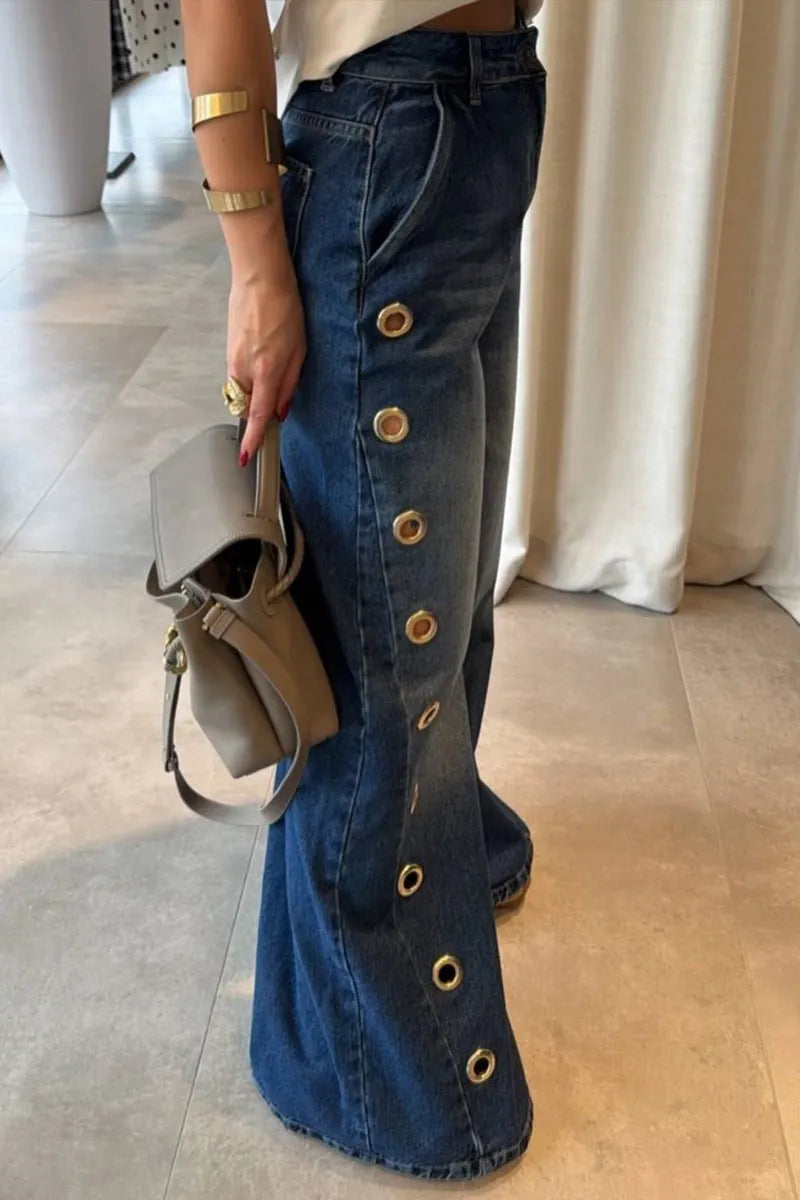 Women's Fashion Metal Cutout Trim Wide Leg Jeans