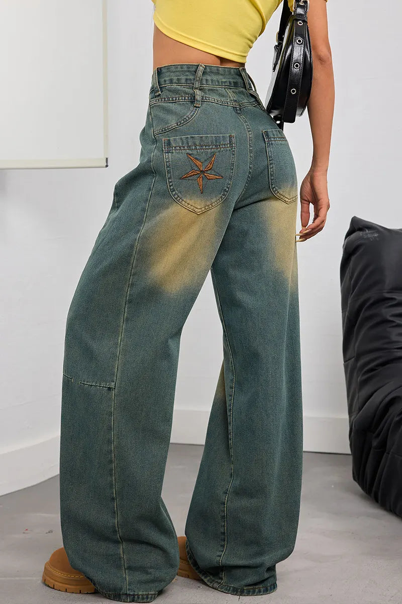 Women's Vintage Washed Loose Fit Jeans With Embroidery