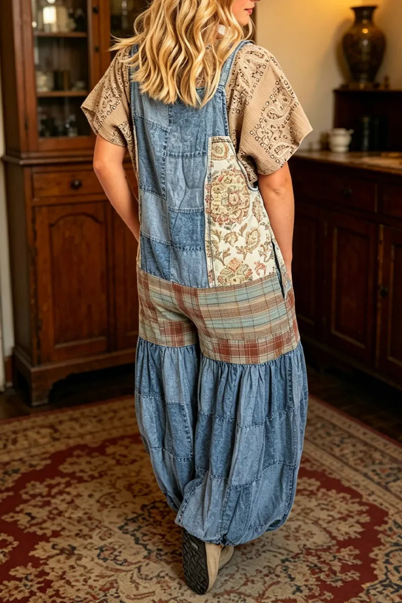 Women Spaghetti Strap Patchwork Patch Casual Denim Jumpsuit