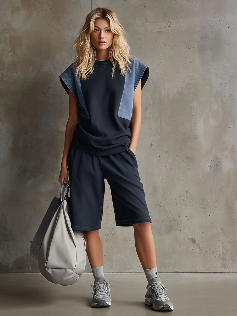 Casual Retro Denim Patchwork Navy Blue Short-sleeved Sweatshirt And Shorts Set