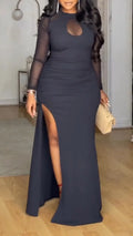 Women Round Neck Patchwork Solid Color Slit Elegant Temperament Dress