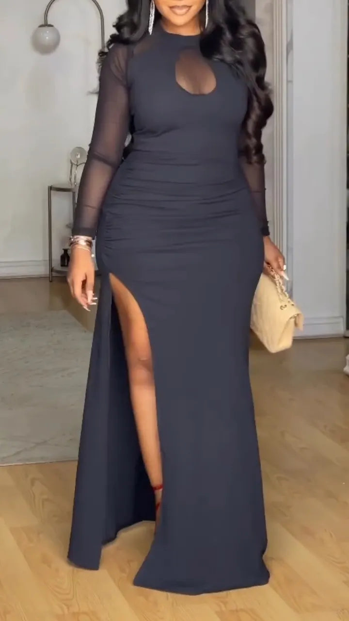 Women Round Neck Patchwork Solid Color Slit Elegant Temperament Dress