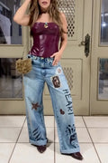 Women's Casual Pattern Print Rhinestone Trim Jeans