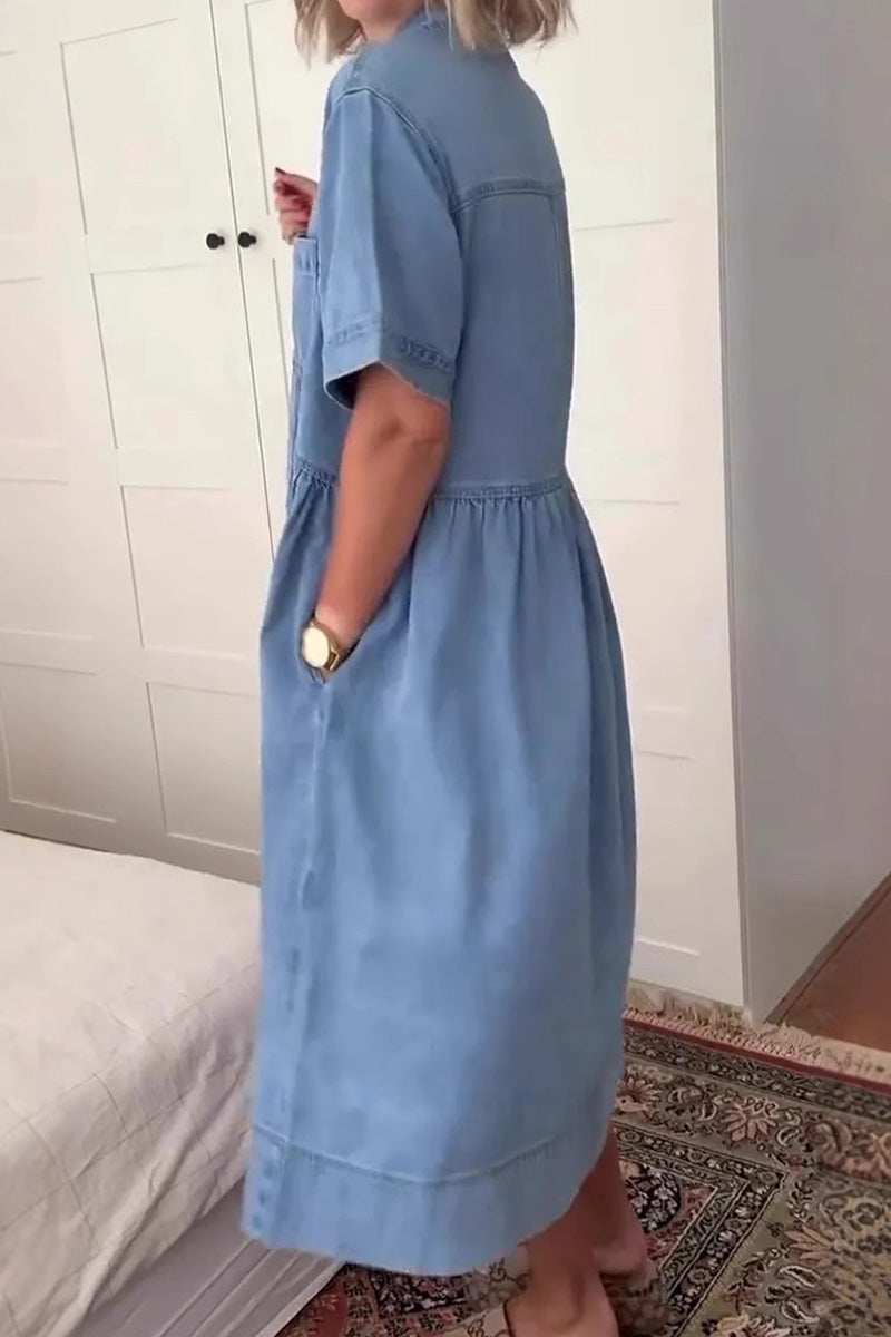 Women's Casual Turned Collar Denim Midi Dresses