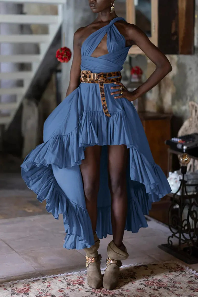 Ladies' Sleeveless Pleated Waist Double Layered Contrasting Chiffon Asymmetrical High-Low Slit Long Skirt, (Belt Not Matching Sold Together)