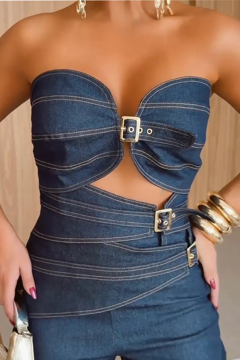 Women's Strapless Patchwork Top or High Waisted Patchwork Jeans