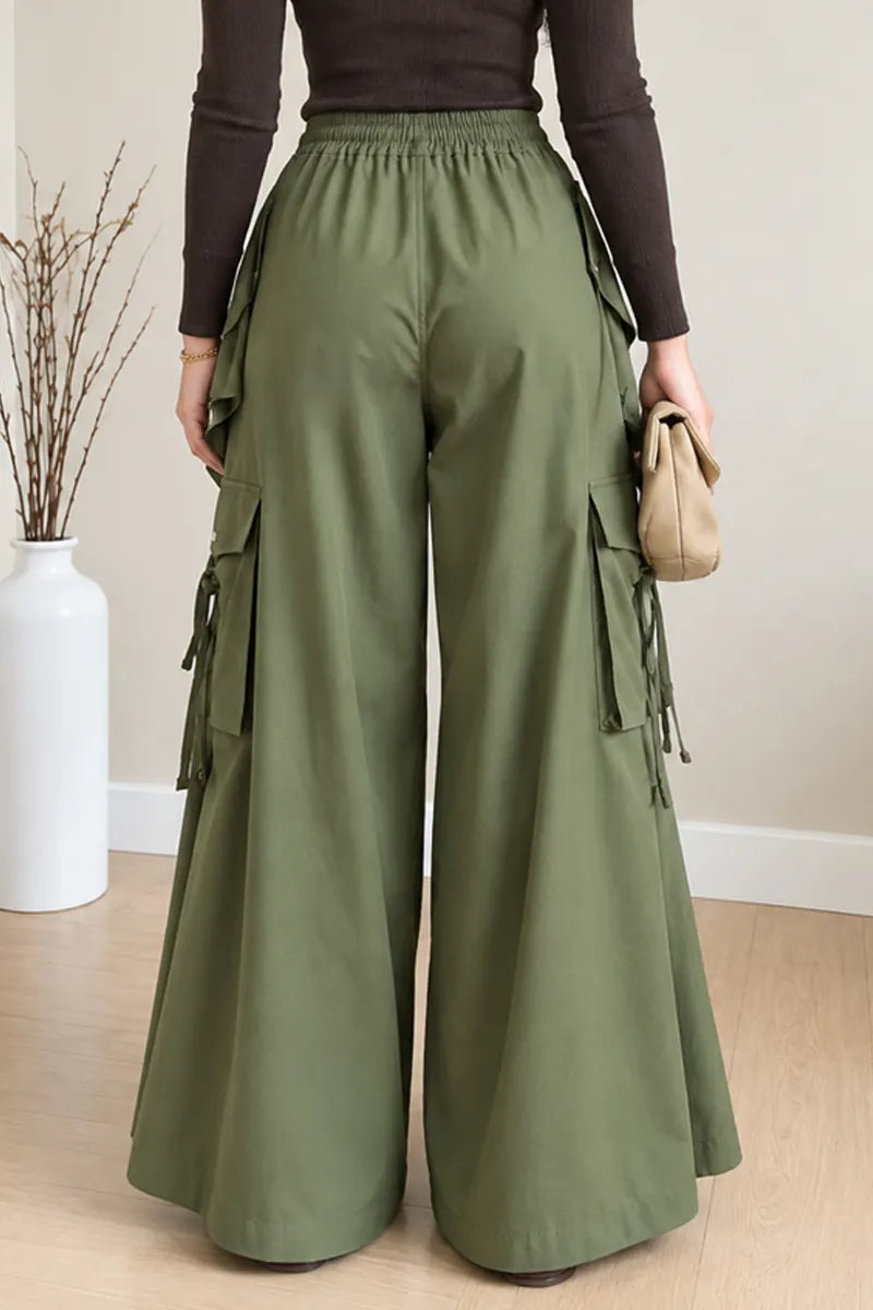 Women's High Waist Cargo Pocket Ruffle Olive Green Wide Leg Pants