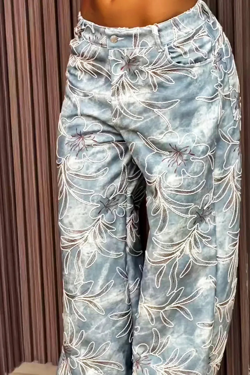 Women's Casual Floral Embroidered Wide Leg Pants