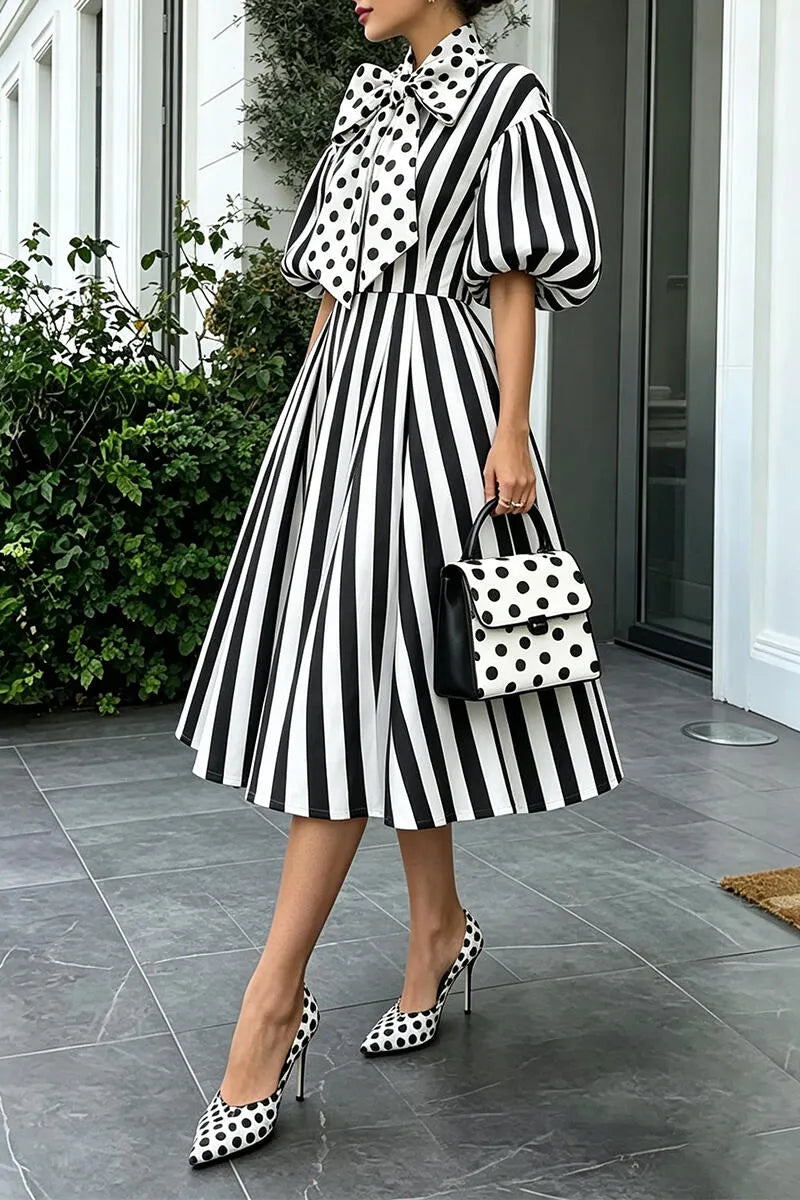 Women's Round Neck Patchwork Vertical Stripe Elegant Temperament Dress