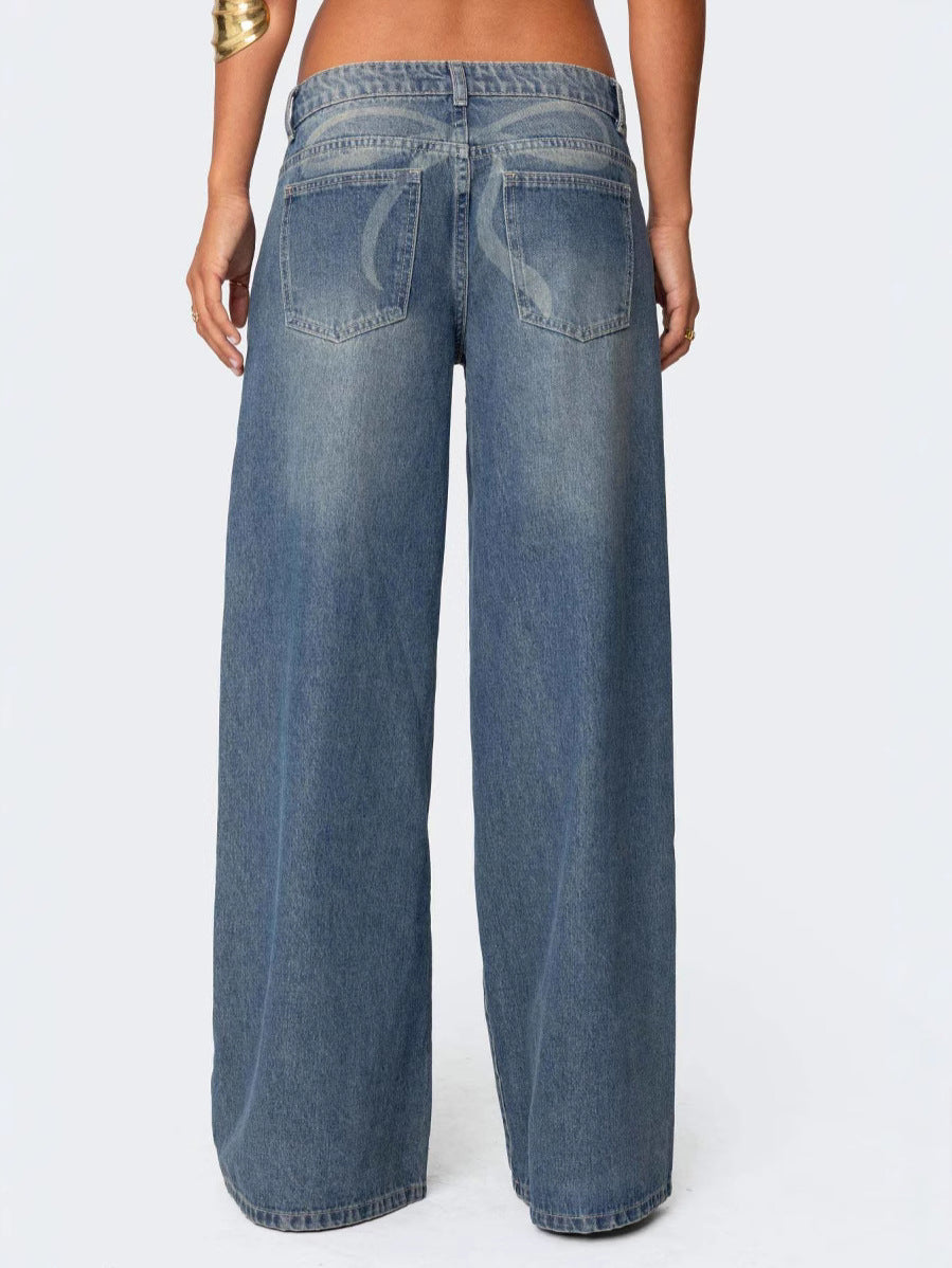 Fashion Loose Wide Leg Bow Print Jeans