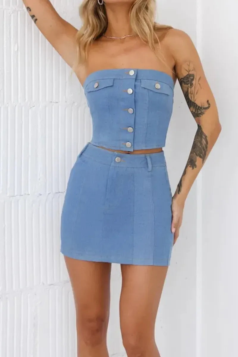 Women's Strapless Button Up Top Or  Short Denim Skirt