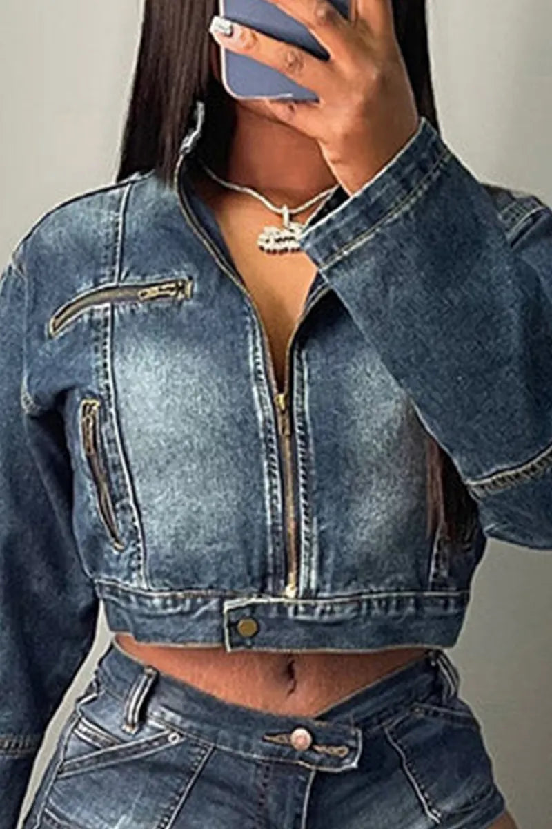 Women's Casual Long Sleeve Denim Jacket Or Casual Short Denim Shorts