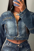 Women's Casual Long Sleeve Denim Jacket Or Casual Short Denim Shorts