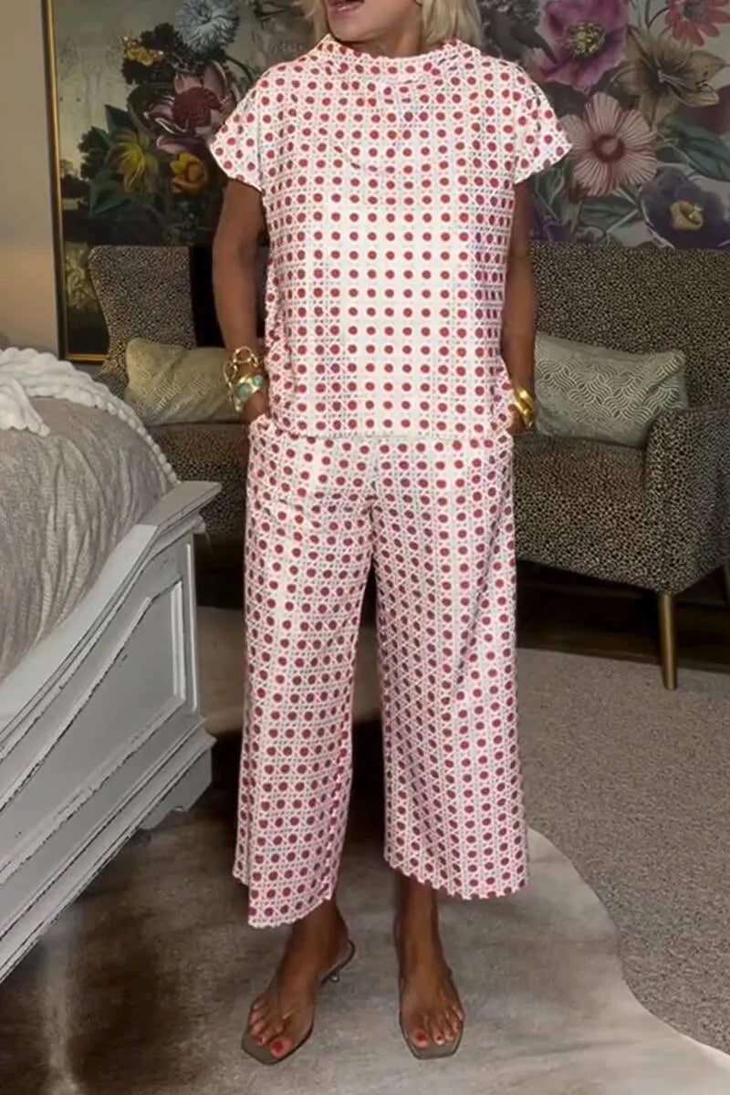 Women's Round Neck Polka Dot Print Casual Suit