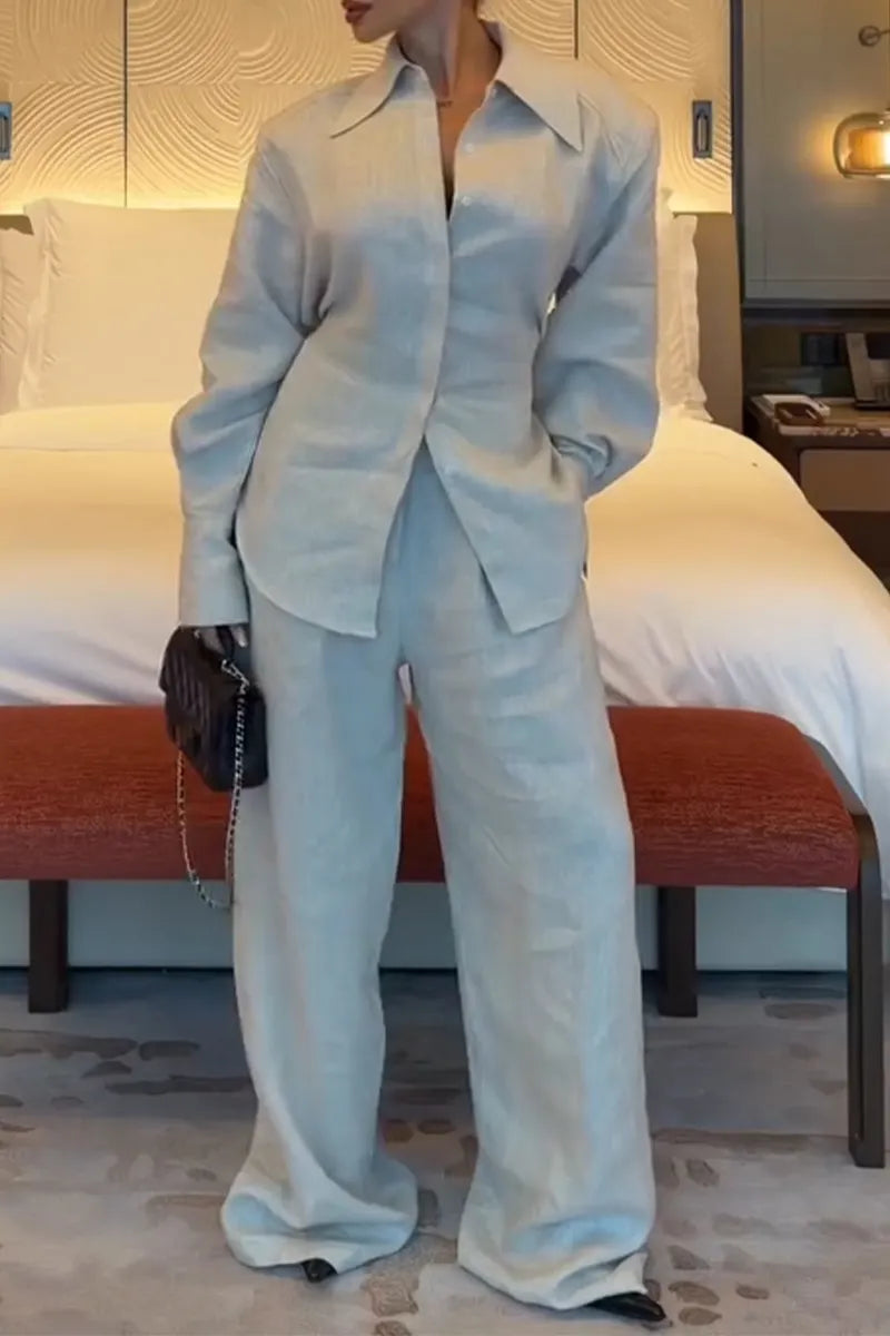 Women's Collar Back Strap Shirt+ Pants Casual Linen Set