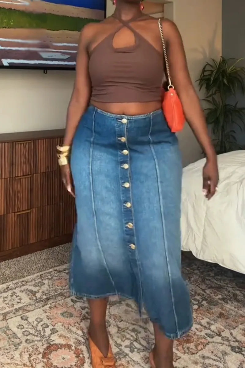 Women Button-down Washed Casual Denim Midi Skirt