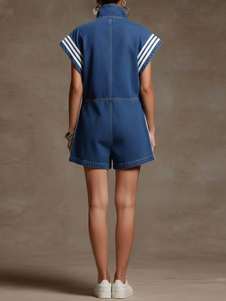 Contrast Color Drawstring Pockets Split-Joint Striped Zipper Loose Sleeveless Stand Collar Rompers