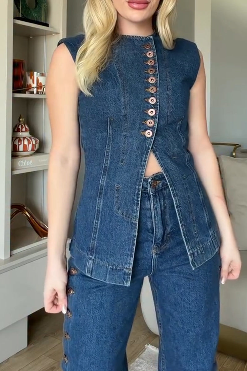 Women Casual Round Neck Spliced Buckle Split Denim Top or Jeans