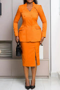 Women's V-neck Double Breasted Jacket+ Split Half Skirt Temperament Commuting Formal Suit