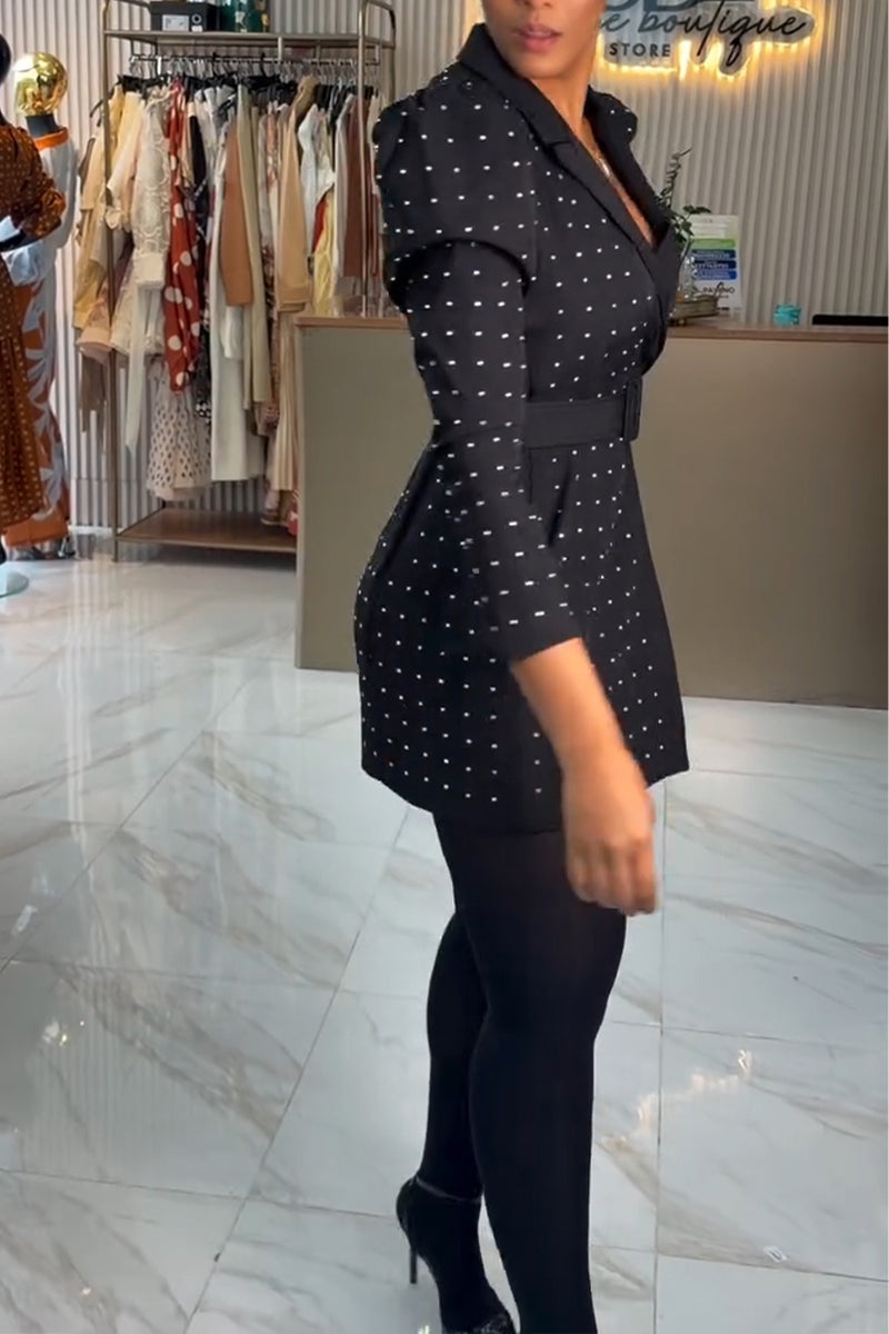 Women's Elegant Rhinestone Lapel Leg of Mutton Sleeve Blazer Mini Dress with Belt