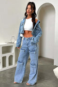 Retro Pocket Washed Straight Leg Cargo Wide Leg Denim Jeans