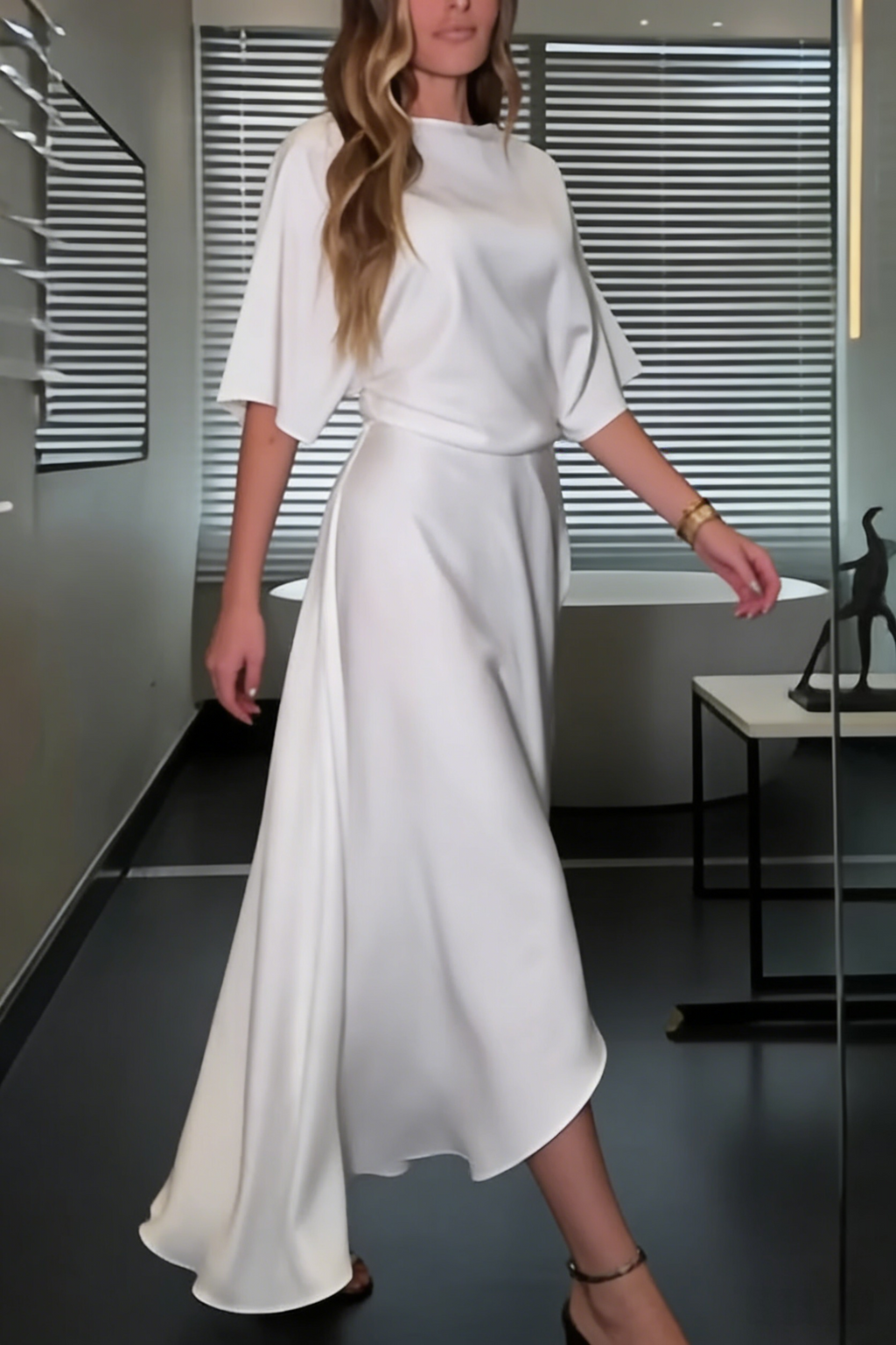 Satin Wrap Asymmetric Maxi Dress | Half-Sleeve Draped Silhouette