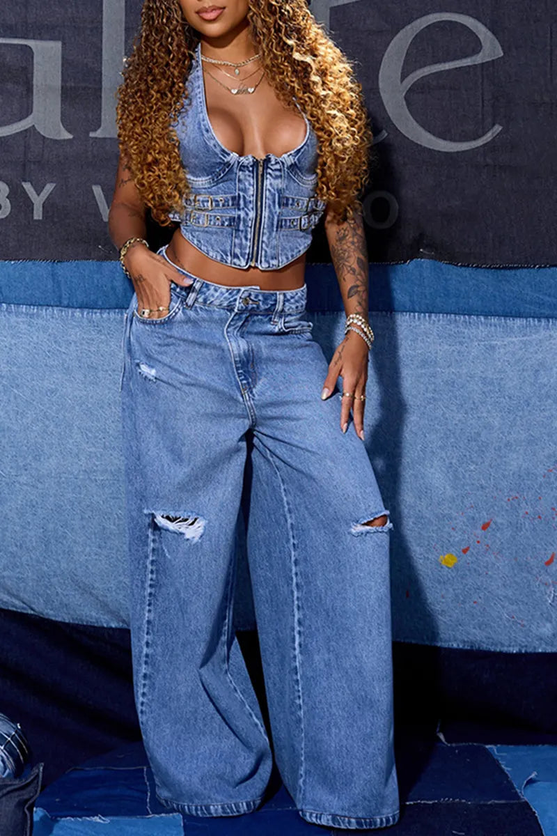 Women's Fashion Halter Denim Vest or Ripped Jeans