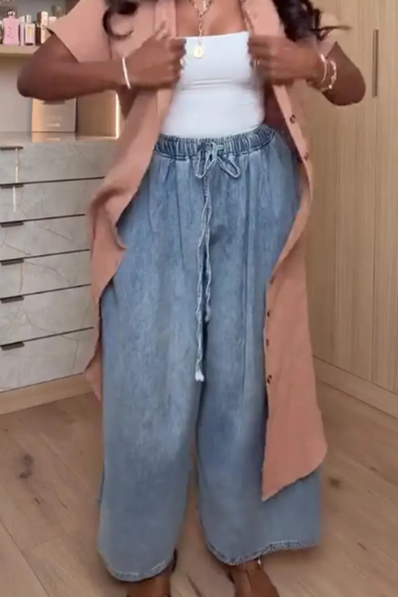 Women's Casual Lace Up Loose Wide Leg Jeans