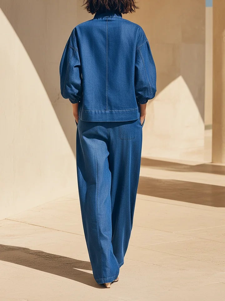 Navy Blue Denim Half-Zip Oversized Shirt & Wide-Leg Pants Set