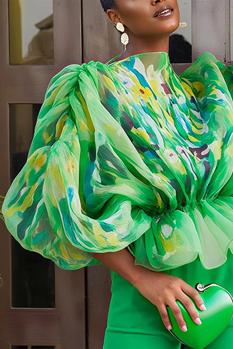 Women's Statement Chiffon Blouse with Abstract Floral Print & Balloon Sleeves
