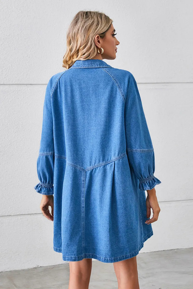 Casual Puff Sleeve Loose Fit Washed Denim Dress