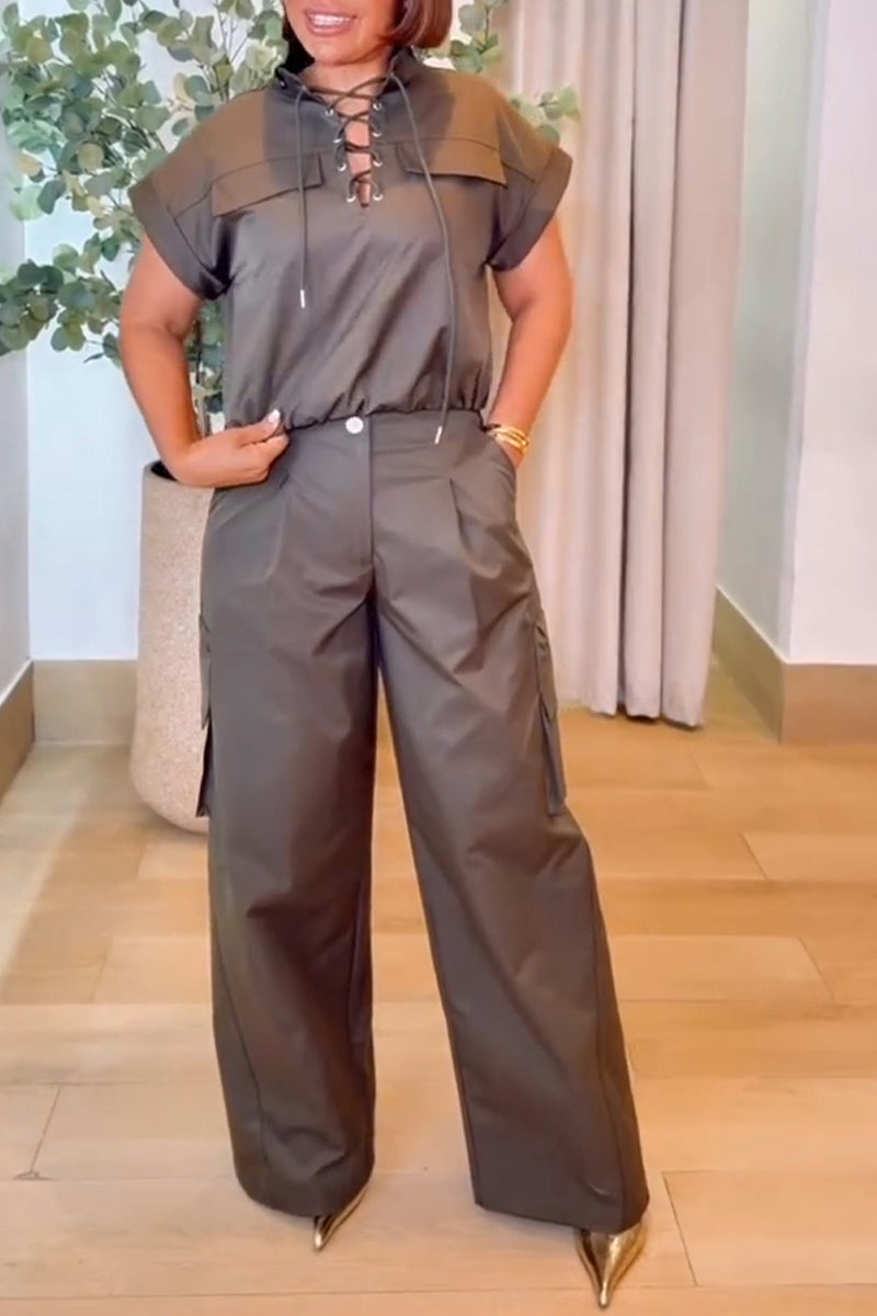 Women's Casual Lace-Up Top Cargo Pants Two-Piece Set