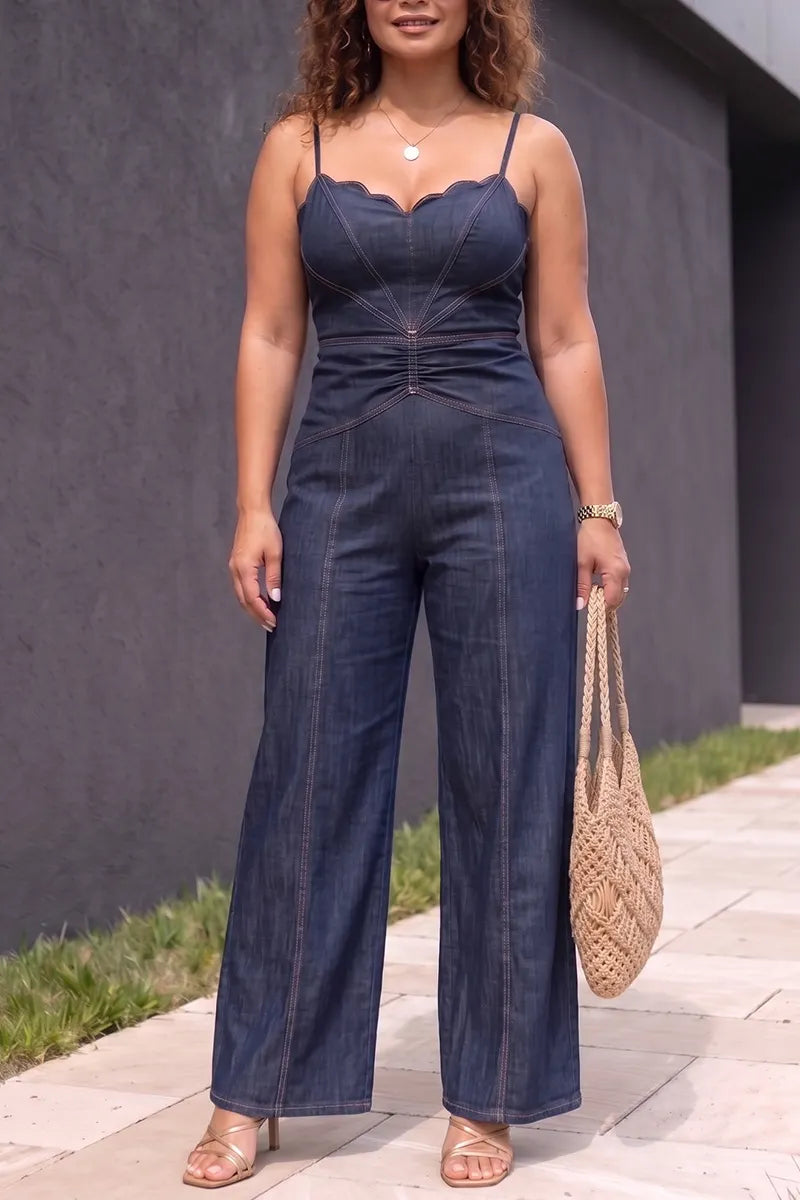 Women's Casual Spaghetti-Strap Denim Jumpsuit