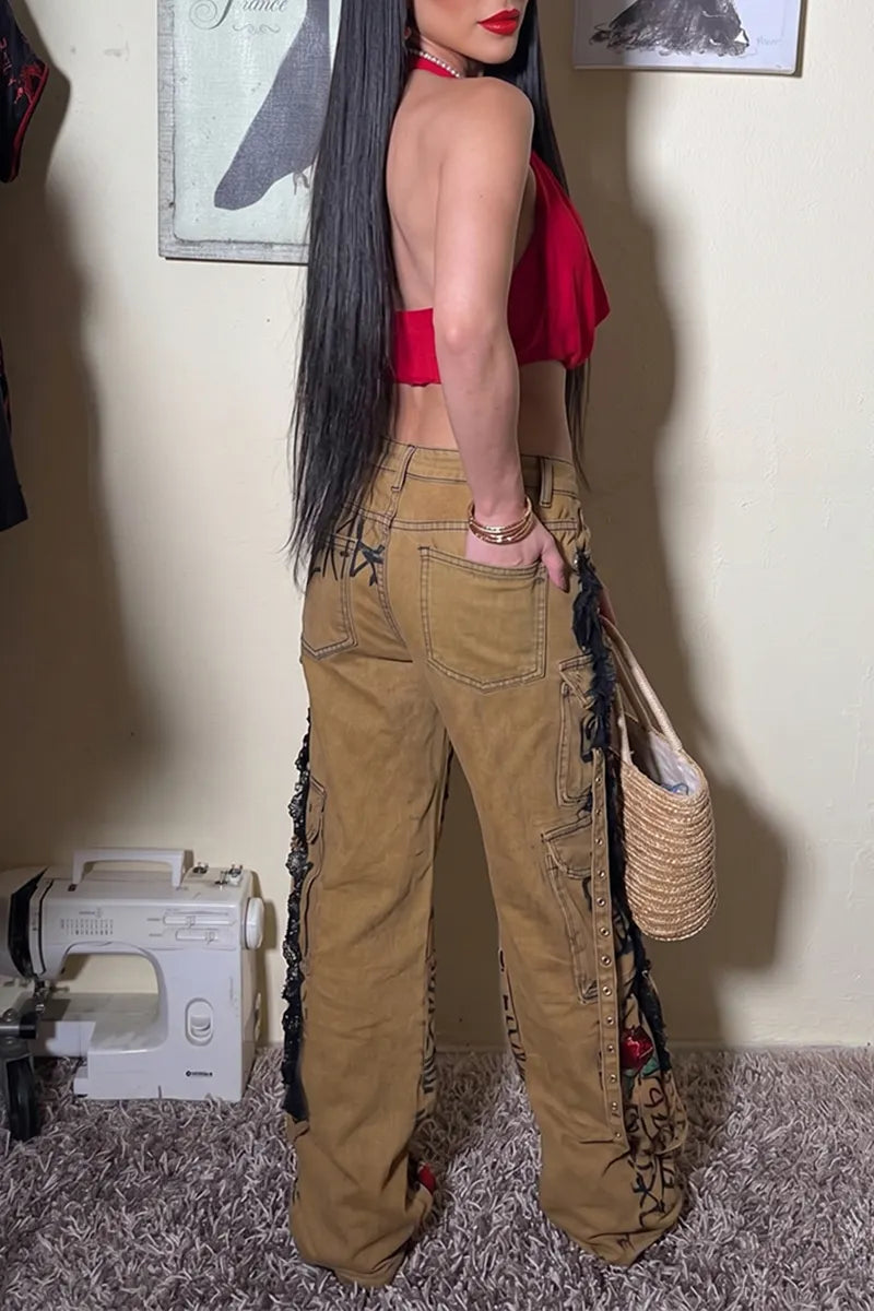 Women's Fashion Embroidered Letter Print Cargo Jeans