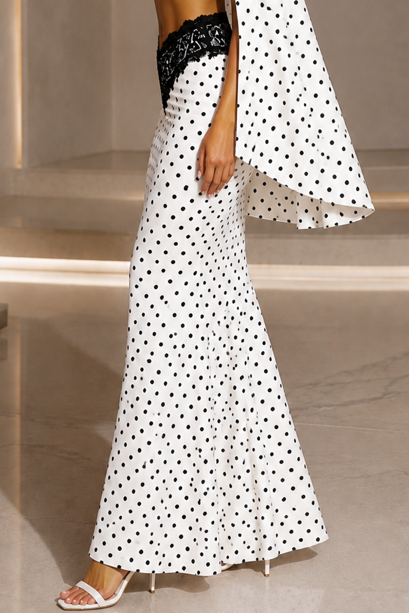 Polka Dot Cape Sleeve Crop Top & Lace Detail Mermaid Maxi Skirt Set