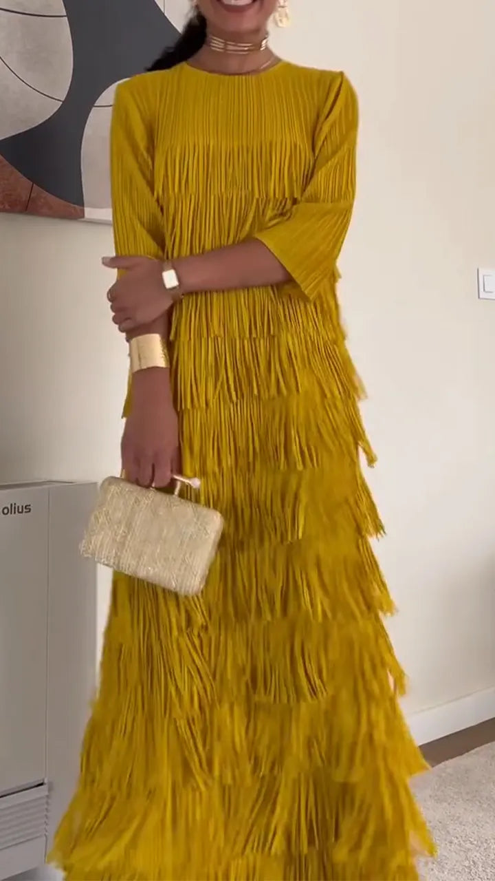 Women Round Neck Solid Color Patchwork Tassel Elegant Casual Dress
