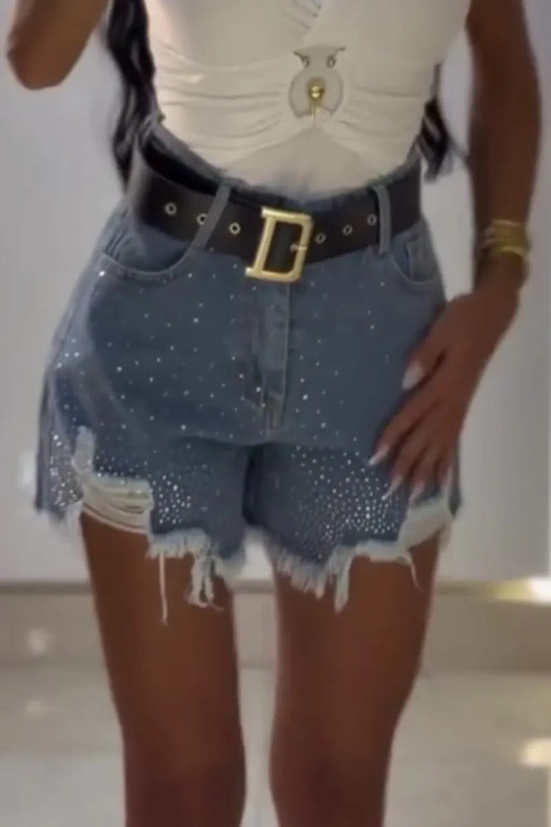 Women's Gradient Rhinestone Frayed Raw Hem High Waist Denim Shorts