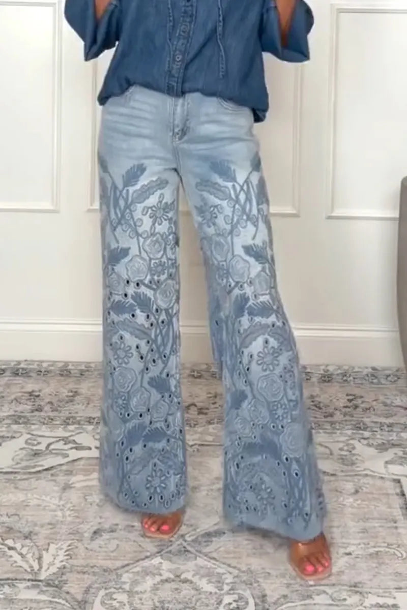 Women Casual Printed Hollow Denim Bell Bottom Pants