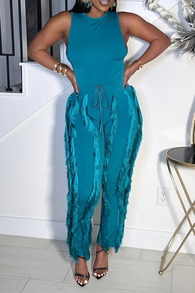 Women's  Casual Form-Fitting Teal Jumpsuit with Drawstring Waist and Fringe Detail