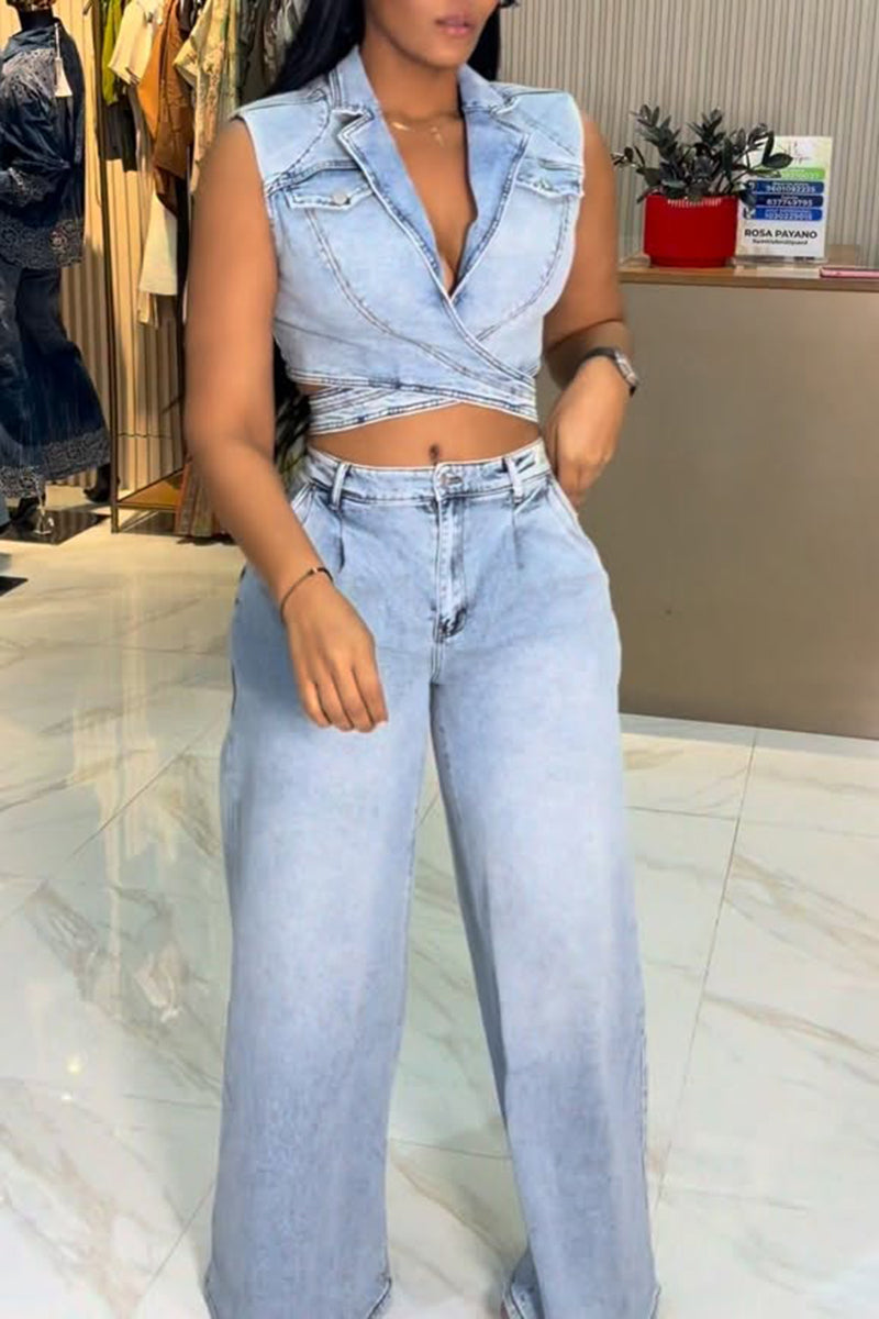 Women's Fashion Lapel Cropped Denim Vest & Jeans