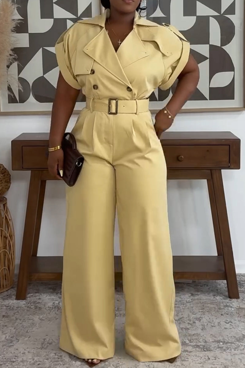 Women's Casual Commuter Lapel Double-Breasted Long Jumpsuit with Belt