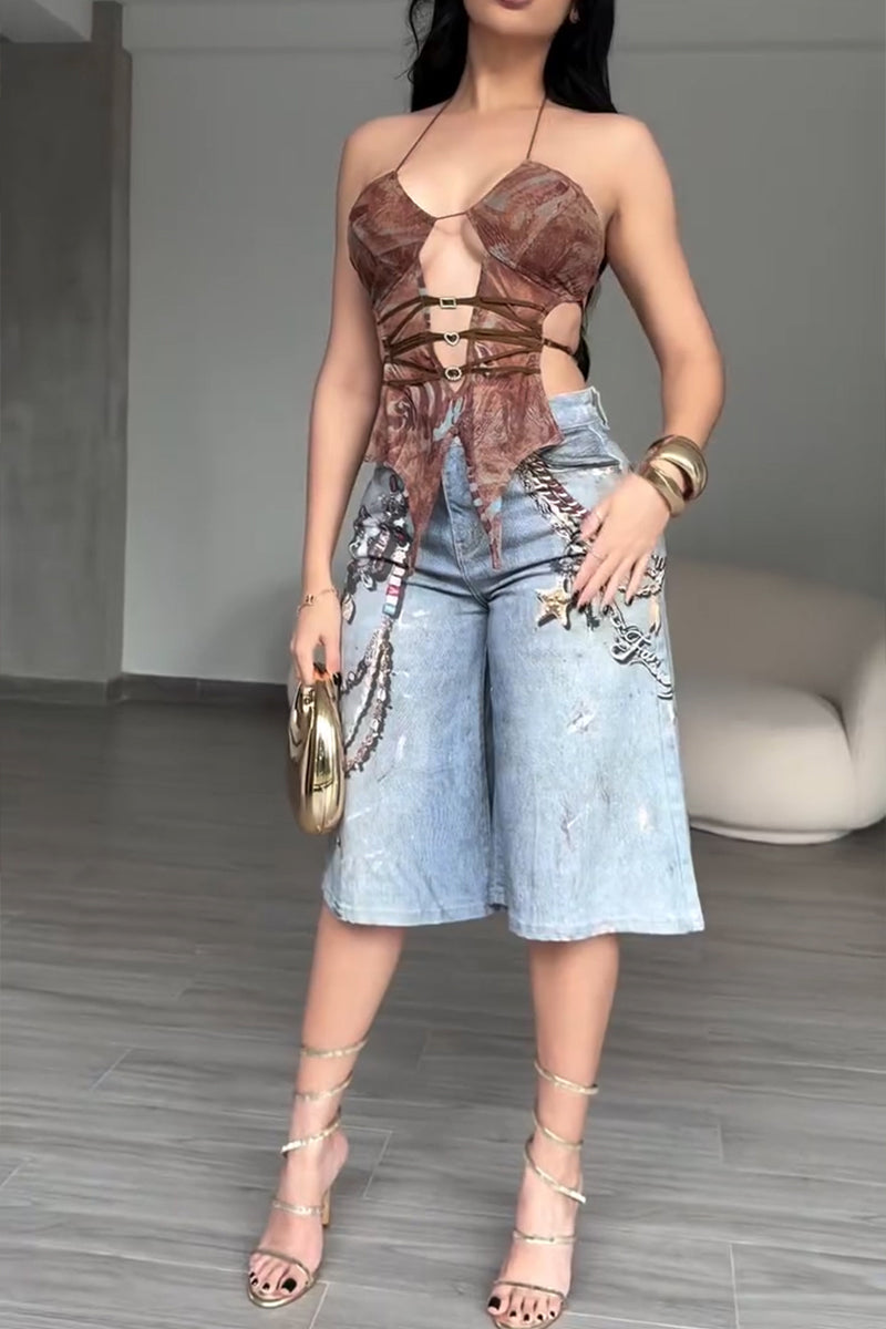Women's Fashion Chain Pattern Print Wide Leg Short Jeans