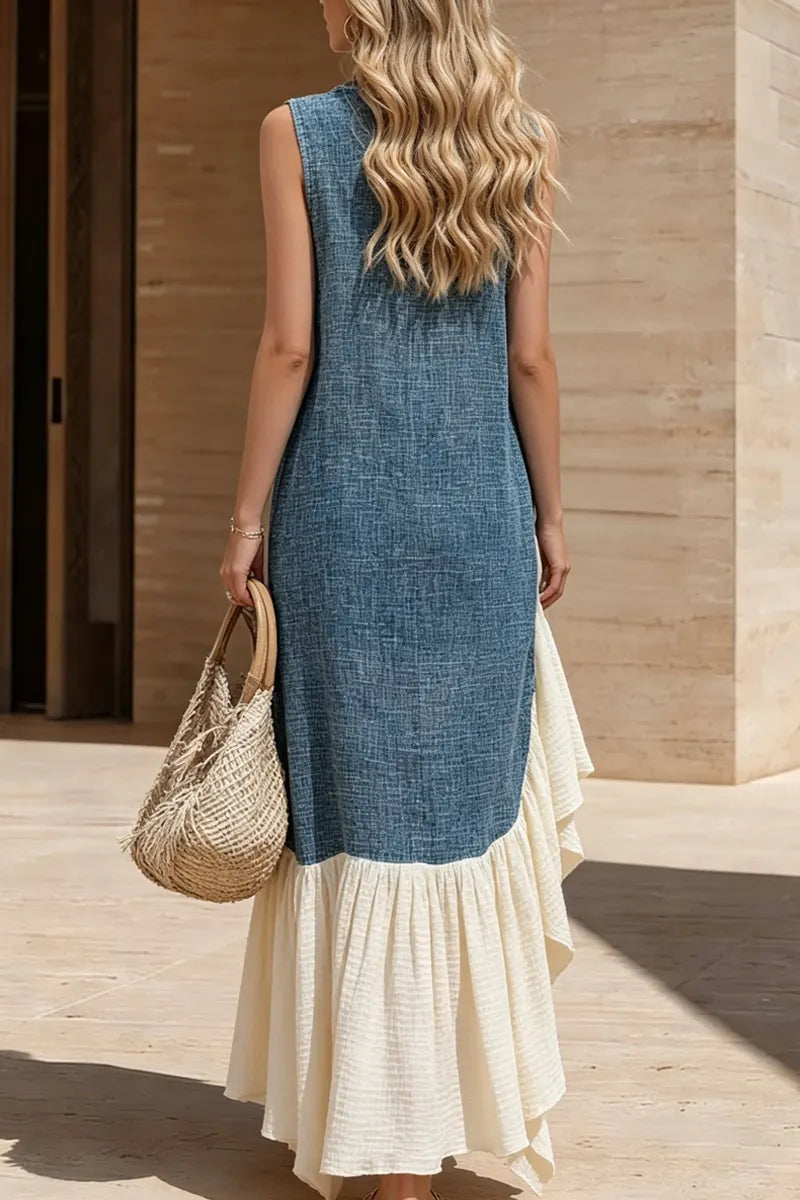 Women's Casual Sleeveless Denim Contrast Ruffle Asymmetrical Maxi Dress
