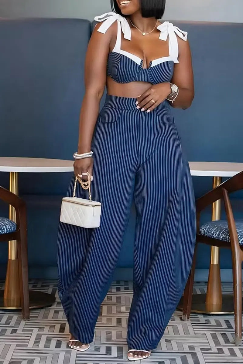 Women's Casual Striped Denim Cami Top & Striped Wide Leg Jeans