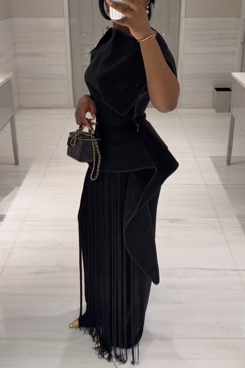 Women's Fashion Asymmetric Vest Pants Fringe Decoration Two-Piece Set