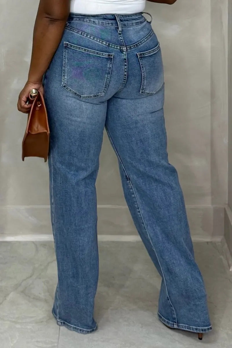 Women's Casual Wide Leg Jeans With Fringed Splicing