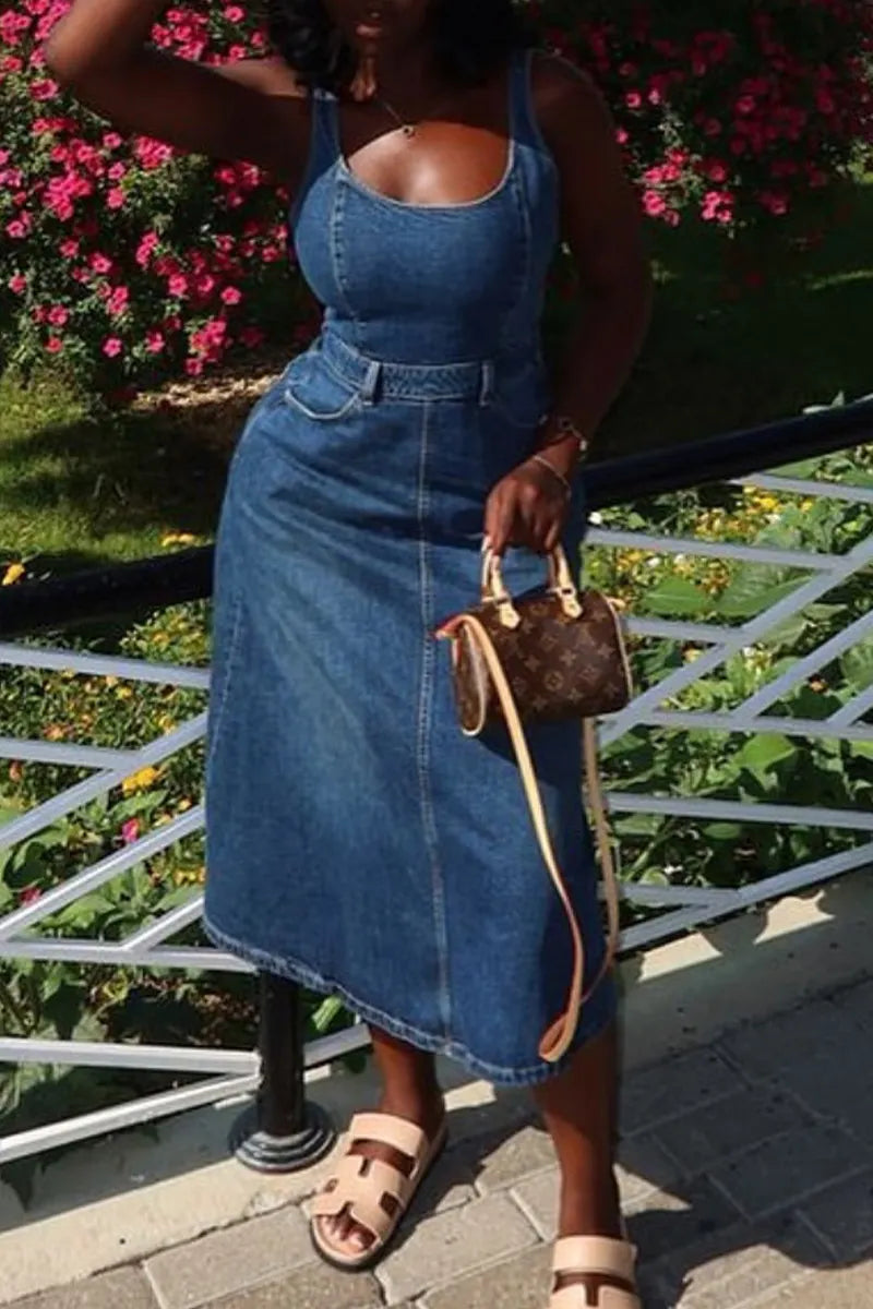 Women Halter V Neck Zip Front Flowy Mini Denim Dress