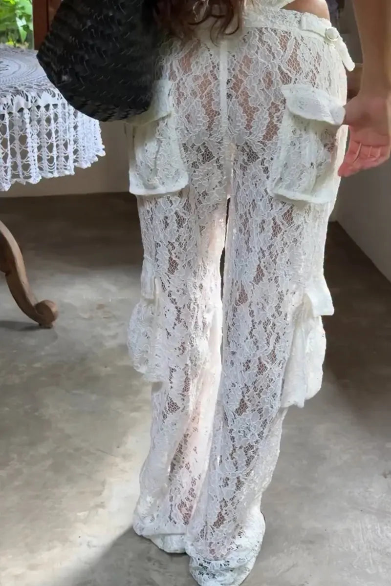 Women's Summer Casual Lace Sheer Cargo Pants