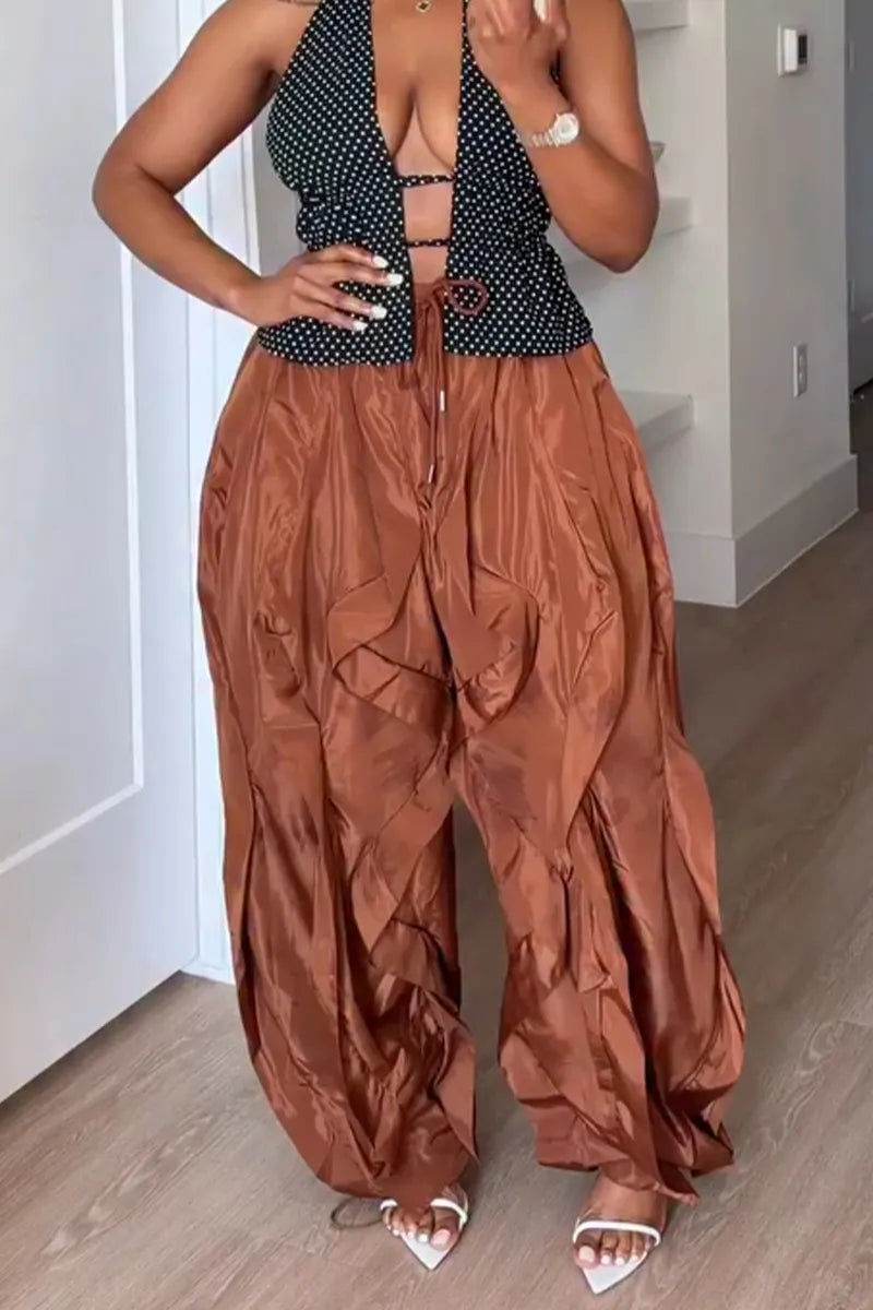 Women Solid-Color Casual Wide-Leg Pants with Drawstring and Contrast Stitching